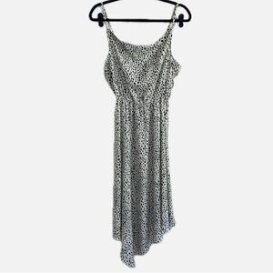 Small Black and White Dress with stretch waist band, high low bottom, scoop neck